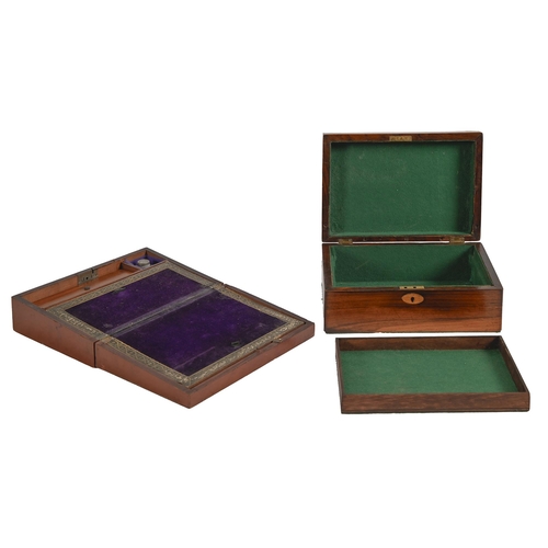 614 - A Victorian mahogany writing box with fitted interior and painted lid, 27cm w and a contemporary ros... 