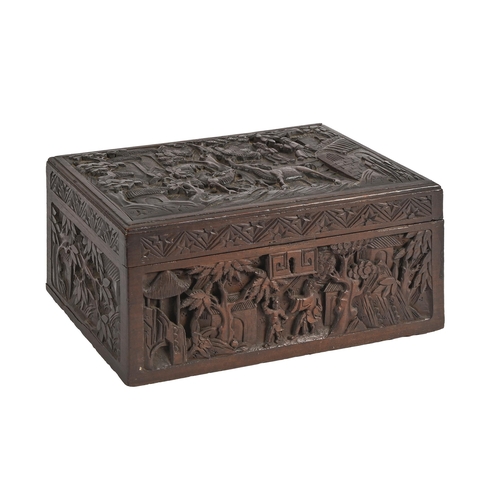 615 - A Chinese carved hardwood box, with brass lock and hinged lid, 16cm h; 36 x 20cm and an early 20th c... 