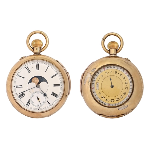 62 - A Swiss silver gilt quarter-repeating keyless lever double dial calendar watch, Baume & Co, earl... 