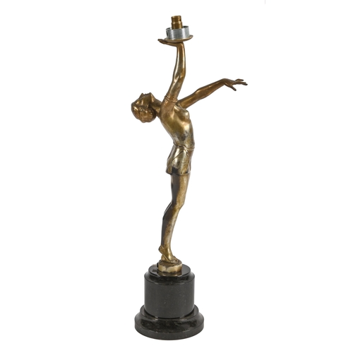 622 - An art deco spelter figural lamp, c1930, in the form of a young woman dancer, on turned base, 53cm h... 