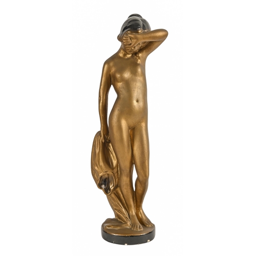 627 - An art deco black and bronze painted plaster statuette of The Bather, 1930s, 55cm h