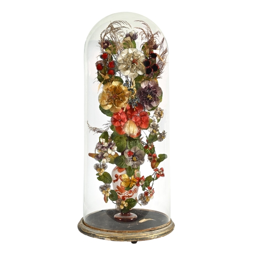 628 - An unusually large Victorian glass dome and giltwood stand, 78cm h, containing a display of contempo... 