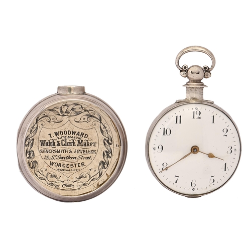 63 - An English silver pair cased watch, William Roberts, Llangefni, No 35042, with enamel dial with chai... 