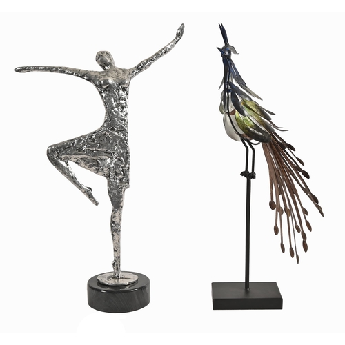 635 - A silvered metal sculpture of a dancer, late 20th c, on grey marble base, 67cm h and a painted steel... 