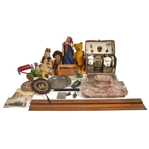 643 - Miscellaneous Victorian and later bygones, including a marble desk stand, pewter plate inlaid with m... 