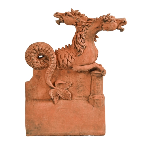 649 - A terracotta hippocampus double-headed ridge tile, 20th c, 55cm h; 42cm l