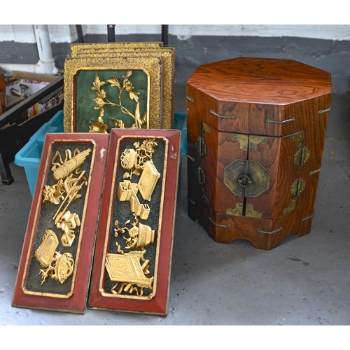 662 - A South East Asian brass mounted elm hat box, possibly Korean, 41cm h, a set of four carved and gilt... 