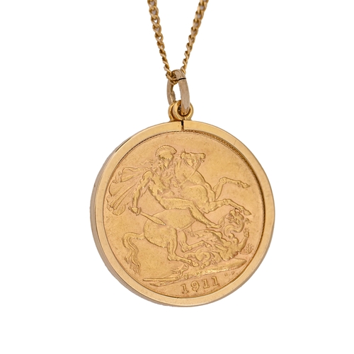 67 - Gold coin. Sovereign 1911, set in a gold pendant on gold necklet, 11g