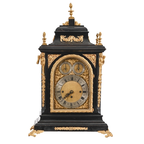 676 - A Victorian gilt brass mounted and ebonised eight-day bracket clock, c1900, the arched brass dial wi... 