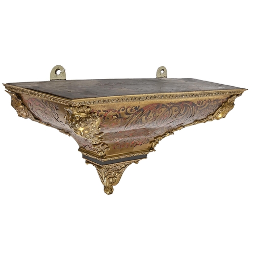 693 - A Louis XV ormolu mounted ebonised and Boulle clock bracket, with espagnolette and strapwork appliqu... 