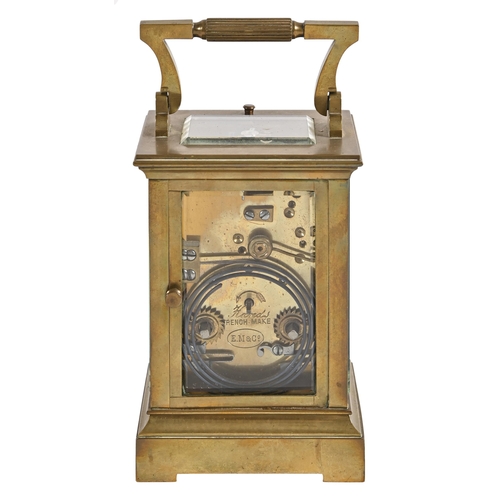 699 - A French brass carriage clock, E Maurice & Co, early 20th c, with silvered mask dial and gong-st... 