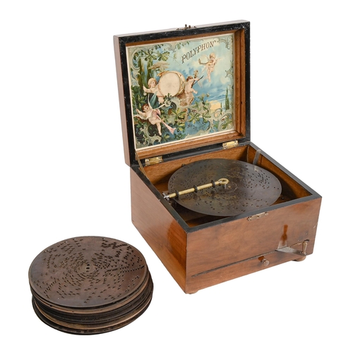 708 - A disc musical box, Polyphon, c1890, to play 20.5cm metal discs, in walnut case with chromolithograp... 