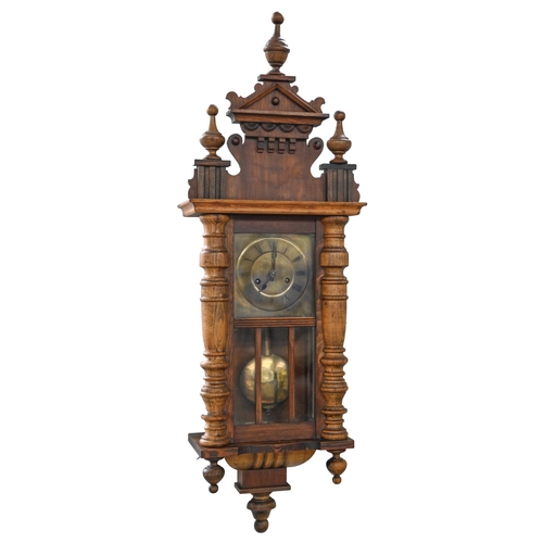 715 - A Vienna walnut and ebonised wall timepiece, c1900, pendulum and brass sleeved weight, 120cm h... 