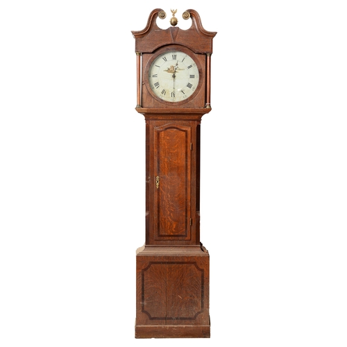 734 - A Victorian oak thirty-hour longcase clock, the round painted dial with thatched cottage to the cent... 