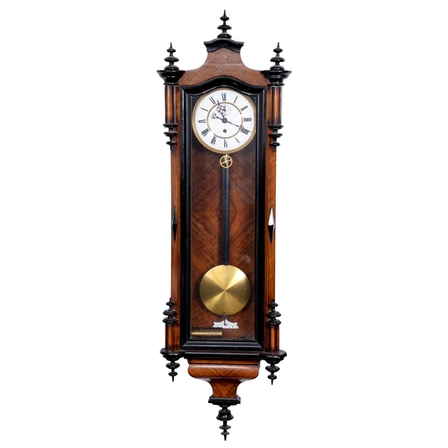 763 - A walnut and ebonised 'Vienna' wall timepiece, c1900, pendulum and brass sleeved weight, 120cm h... 