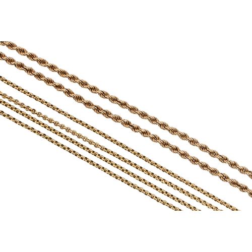 8 - A gold muff chain, 144cm l, marked 9ct and a 9ct gold rope necklace, 32.5g (2)Provenance: Property o... 