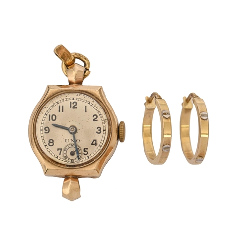 80 - An Uno 9ct gold lady’s wristwatch and a pair of gold hoop earrings, 11.8g