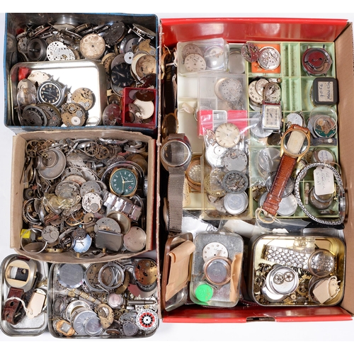 834 - Miscellaneous watch parts, mid 20th c and later, including movements, dials, cases and bracelets... 