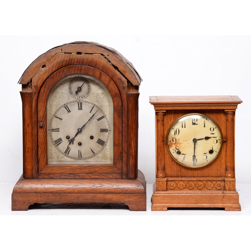 838 - A German oak bracket clock, 19th c, with arched top silvered dial, the brass movement stamped Gustav... 