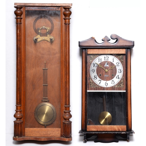 853 - A mahogany dwarf longcase clockcase, 139cm h, miscellaneous weights and pendulums, a Vienna style wa... 