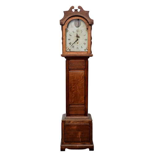 858 - A Victorian oak thirty-hour longcase clock, with repainted arched top dial, 195cm h