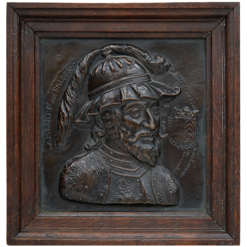 871 - A copper portrait relief of Lampert Balderic, late 19th c, in oak frame, 23 x 22cm