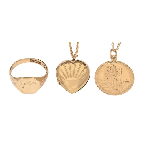 88 - A 9ct gold ring, St Christopher pendant and necklet, 7g and a giltmetal locket (4)