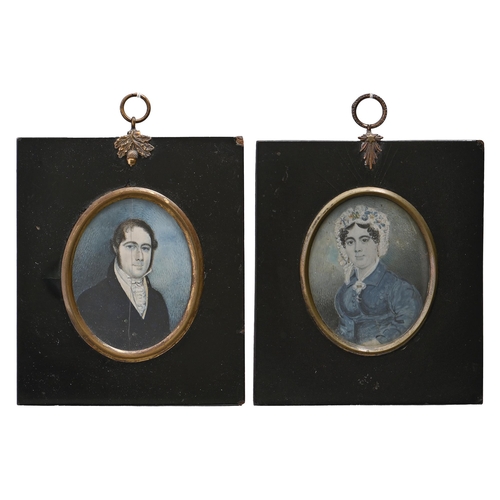 934 - English School, early 19th century - Portrait Miniatures of a Lady and Gentleman, two, ivory, oval 7... 