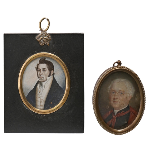 935 - English School, early 19th century - Portrait Miniature of a Gentleman, in white stock and dark blue... 