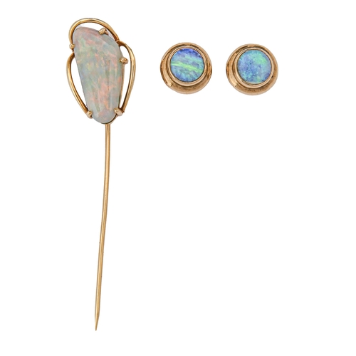 97 - A gold stick pin, with opal terminal and a pair of similar ear studs, pin 53mm h, 2g (3)Provenance: ... 