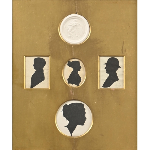 971 - Four portrait silhouettes, 19th century, in profile, two cut paper, all black ink, the largest 9cm d... 