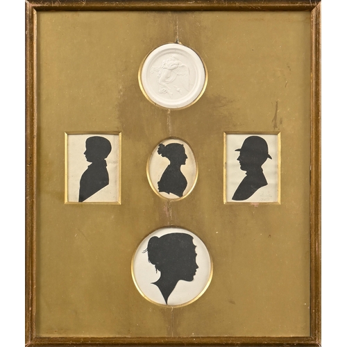 971 - Four portrait silhouettes, 19th century, in profile, two cut paper, all black ink, the largest 9cm d... 