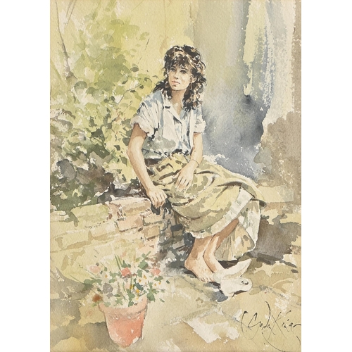 975 - Gordon King (1939-2022) - Portrait of a Young Lady, full-length and seated on a wall, her shoes disc... 