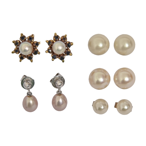 98 - A pair of sapphire and cultured pearl ear studs, in gold, 11mm diam, indistinctly marked and four pa... 