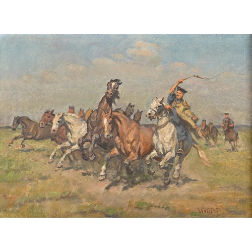 983 - Janos Viski (1891-1965) - Horse Rustling, signed, oil on canvas, 57 x 77cm