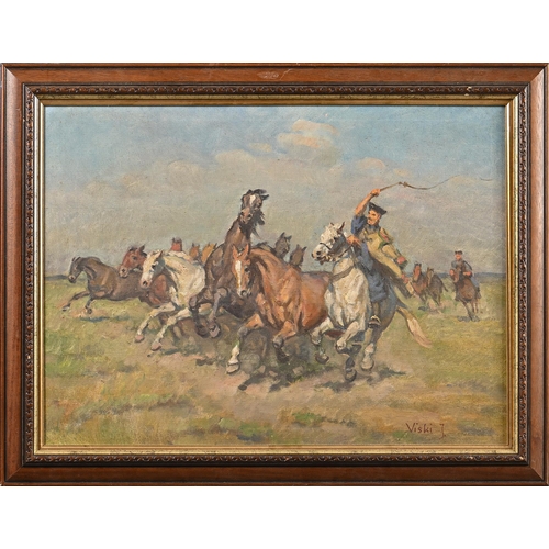 983 - Janos Viski (1891-1965) - Horse Rustling, signed, oil on canvas, 57 x 77cm