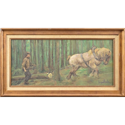 984 - Ingrid L***, 20th century - Forestry with a Working Horse, signed, oil on canvas, 39 X 89cm... 