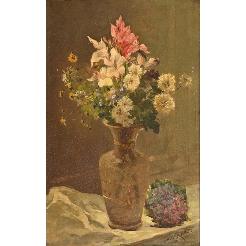 991 - Jules Felix Ragot (1835-1912) - Still Life of Flowers Arranged in a Vase, signed, oil on mahogany pa... 