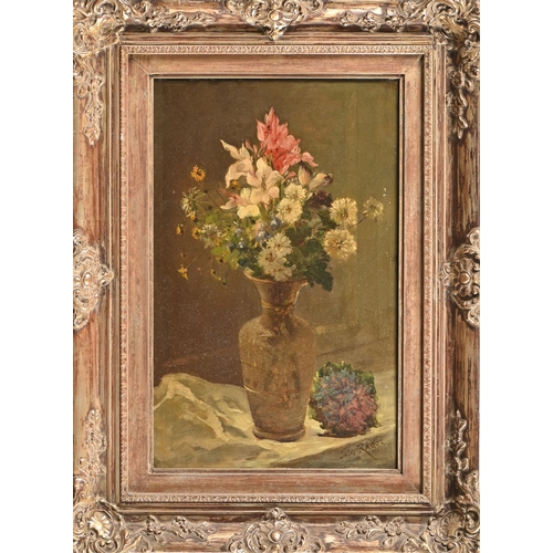 991 - Jules Felix Ragot (1835-1912) - Still Life of Flowers Arranged in a Vase, signed, oil on mahogany pa... 