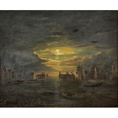 1037 - 19th century Follower of Sebastian Pether - Moonlit Dutch River Scene, oil on canvas, 60 x 73cm... 