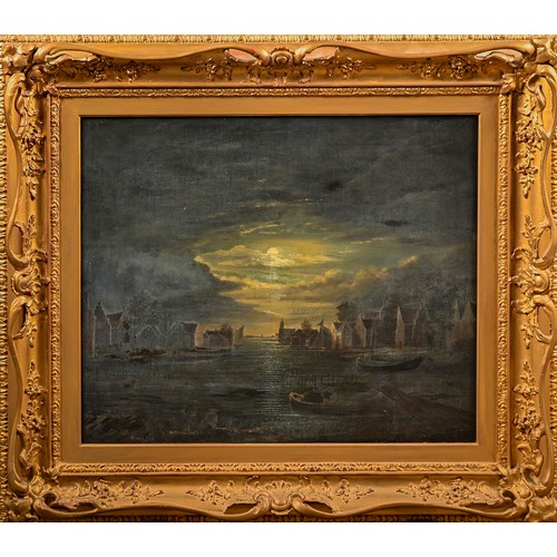 1037 - 19th century Follower of Sebastian Pether - Moonlit Dutch River Scene, oil on canvas, 60 x 73cm... 