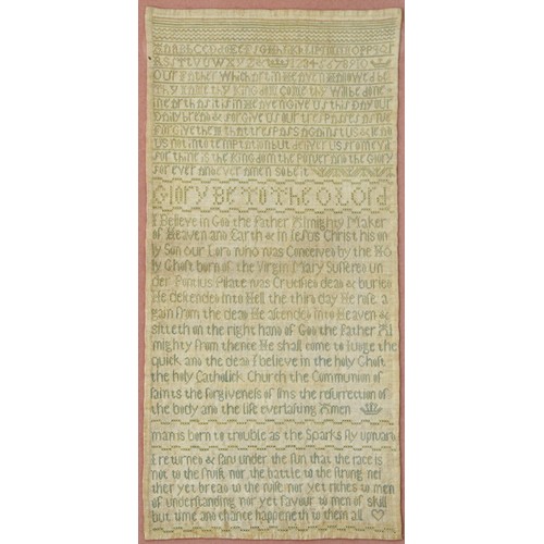 869 - A linen sampler, 19th c, featuring The Lord's Prayer and The Apostle's Creed, 41 x 19cm... 