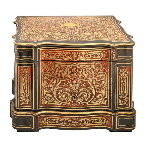 1098 - A French ebonised and Boulle decanter case, late 19th c, inlaid with cut brass scrollwork on a groun... 