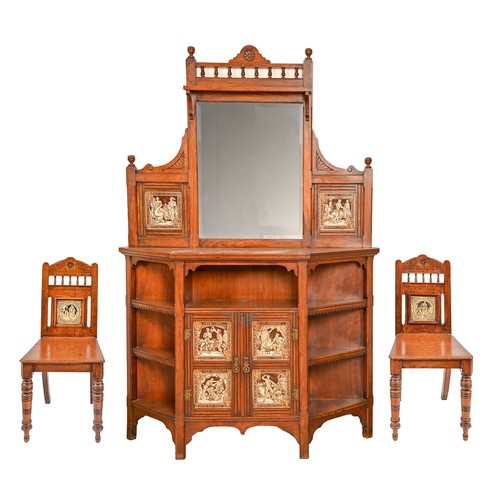 1102 - A Victorian walnut and ebonised cabinet and pair of closely matching oak side chairs, c1880, the cab... 