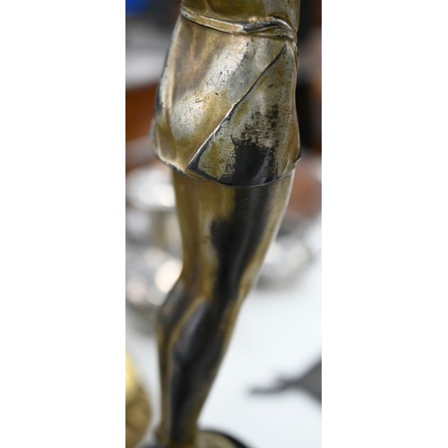 622 - An art deco spelter figural lamp, c1930, in the form of a young woman dancer, on turned base, 53cm h... 