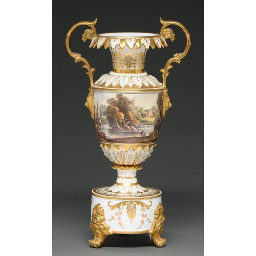 329 - A Derby oval pedestal vase, c1820, painted by Daniel Lucas with a panoramic landscape of Derby, with... 