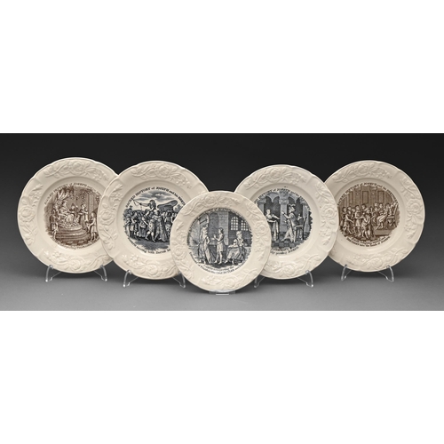 480 - Children's China. Five Middlesbrough Pottery moulded earthenware nursery plates, c1840, transfer-pri... 