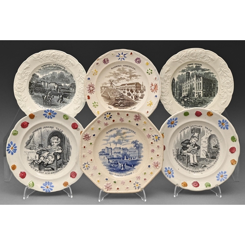 481 - Children's China. Six English moulded earthenware nursery plates for the German market, c1840-1850, ... 