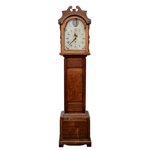 1091 - An oak longcase clock, 1930s, with silvered dial, the trunk enclosed by glass door with triple bevel... 