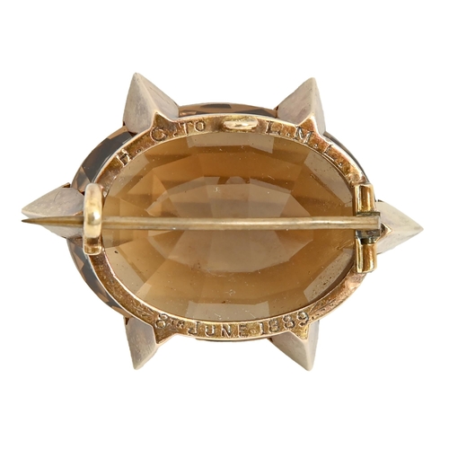 100 - A Victorian citrine and pearl brooch, in gold, 36mm l, engraved H.C. to L.M.L. 8th June 1889, 15.4g... 